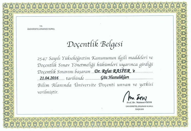 Prof. Dr. Rıfat Rasier — Interuniversity Council — Associate Professorship (Ophthalmology)