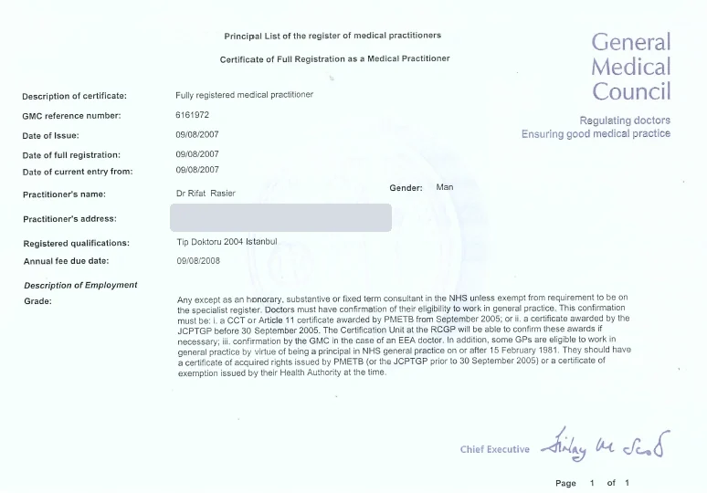 Prof. Dr. Rıfat Rasier — General Medical Council (UK) — Certificate of Full Registration
