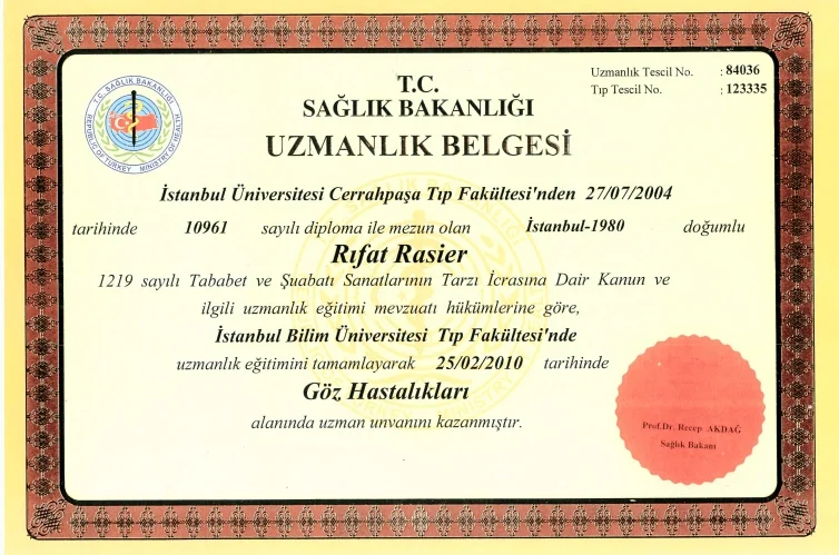 Prof. Dr. Rıfat Rasier — Turkish Ministry of Health — Ophthalmology Specialist Certificate